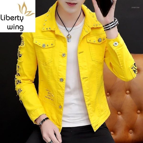 

rivet ripped letter printed personality mens denim jackets long sleeve single breasted male fashion punk nightclub wear coats1, Black;brown