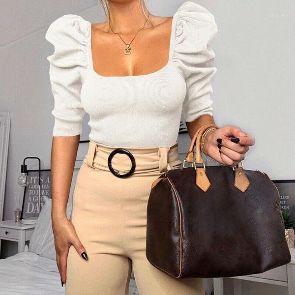 

new fashion women ladies summer square-neck casual half puff sleeve square neck crop t-shirts black white red orange1