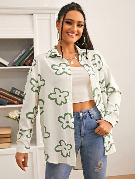 

floral print drop shoulder blouse f2ow#, White