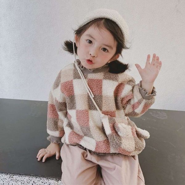 

new autumn winter 2020 plush sweater girls' korean plaid children's warm and thickened pullover rpms, Black