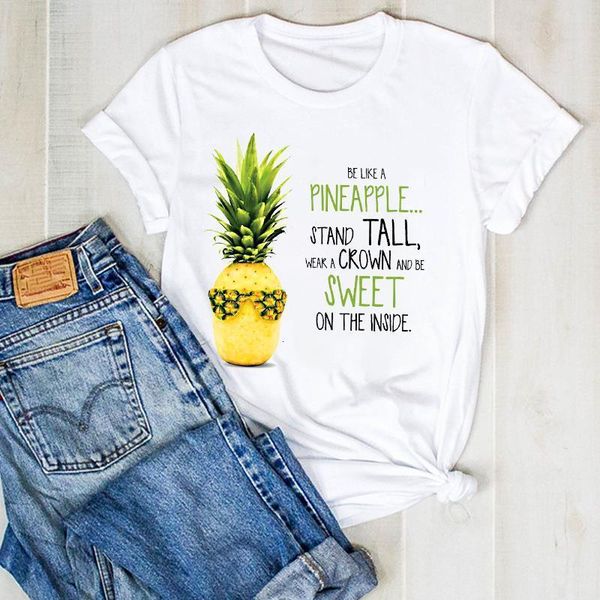 

women lady pineapple cartoon letter fruit beach print ladies summer t tee tshirt womens female shirt clothes graphic t-shirt, White
