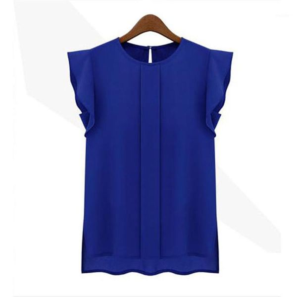 

fshion woman blouses solid womens and blouses chiffon shirts lady round collar sleeveless ruffles plus size1, White