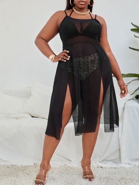 

plus mesh split thigh cover up i24d#, Black