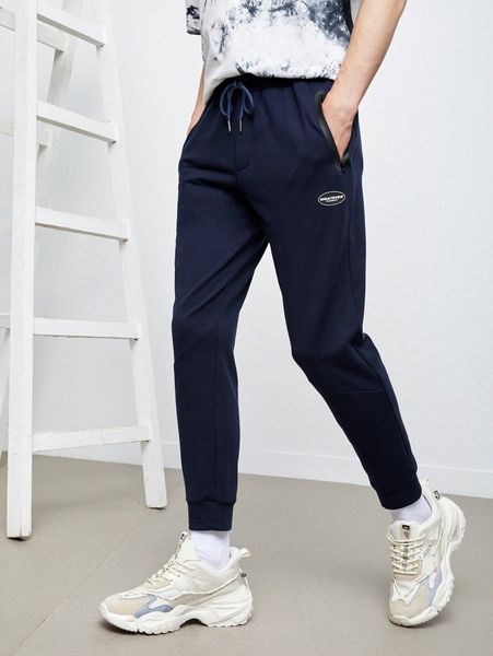 

men patch detail drawstring waist sweatpants a9c6#, Black