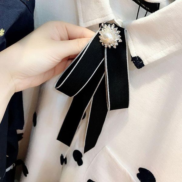 

edcrfv women long ribbon bow tie faux pearl rhinestone flower brooch pin shirt necklace, Blue;purple