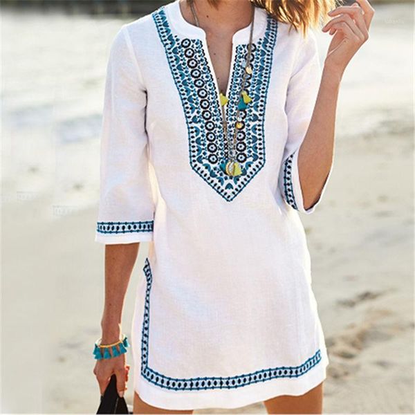

cover-ups 2021 women beachwear summer vintage embroidery beach dress white cotton tunic swimsuit cover up sarong dress1