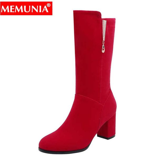 

memunia large size 34-43 fahsion mid calf boots round toe zip flock high heels ladies prom boots elegant autumn winter, Black