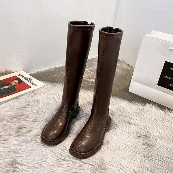 

boots flats riding knee-high women shoes square toe zipper long ladies autumn winter brown1, Black