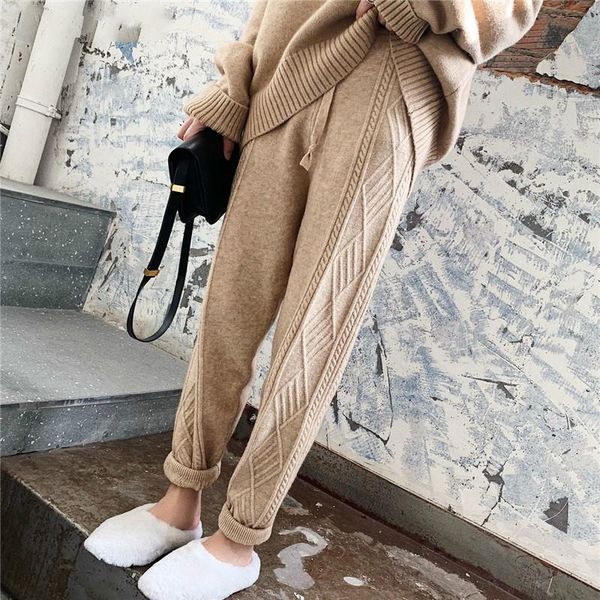 

winter thicken women harem pants casual drawstring twisted knitted pants femme chic warm female sweater trousers 2020, Black;white