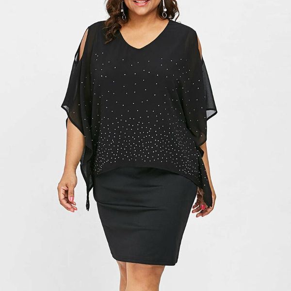 

summer women plus size o-neck solid cold shoulder overlay asymmetric diamonds dress party elegant sundress vestido z05221, Black;gray