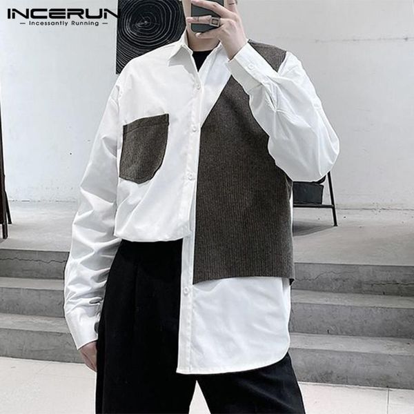 

men shirts casual lapel patchwork blouse incerun spring long sleeve korean button camisa man pocket loose shirt masculina 5xl 7, White;black