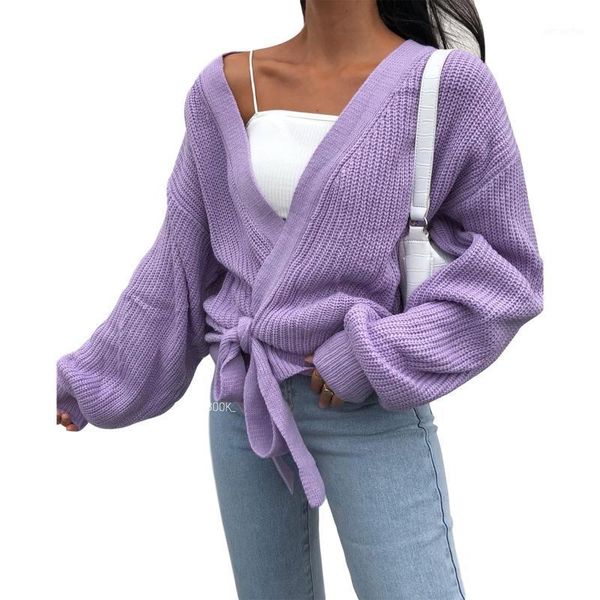 

lady lace up wrap knitted cardigan women long sleeve v neck baggy solid holiday fashion casual elegant sweaters knitwear1, White