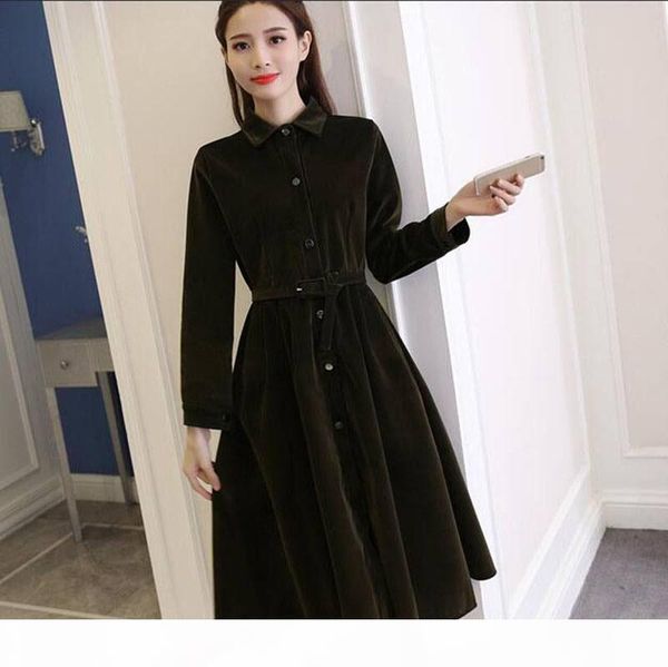 

army green corduroy dress female lapel collar long sleeve split single breasted midi dresses 2018 spring fashion clothing ac511, White;black