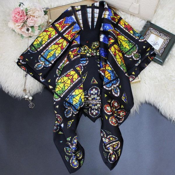

scarves kms notre-dame-window-rose silk satin hand-rolled scarf 105*105cm/75g, Blue;gray