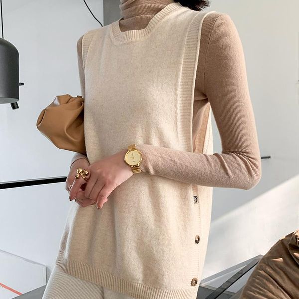 

women's vests sparsil women winter wool o-neck cashmere solid knitted sleeveless sweaters loose soft warm ladies knitwear with button, Black;white