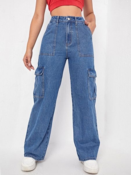 

high waisted flap pocket cargo jeans o6iq#, Blue