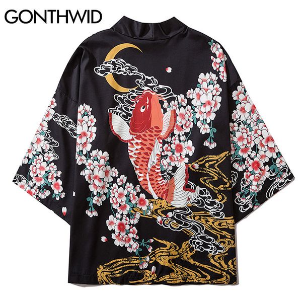 

kimono cardigan jackets shirts mens carp fish koi cherry blossoms print japanese open front shirt causal yukata, Black;brown