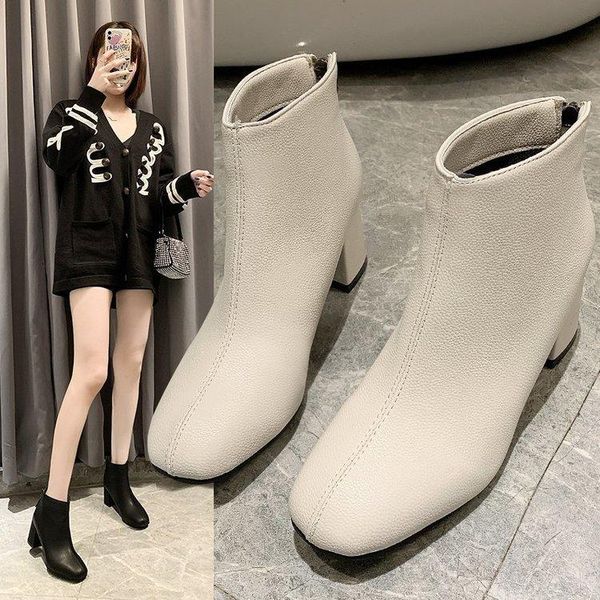 

lady boots shoes winter footwear zipper luxury designer rock 2021 med high heel rubber leather ankle fashion autumn black short