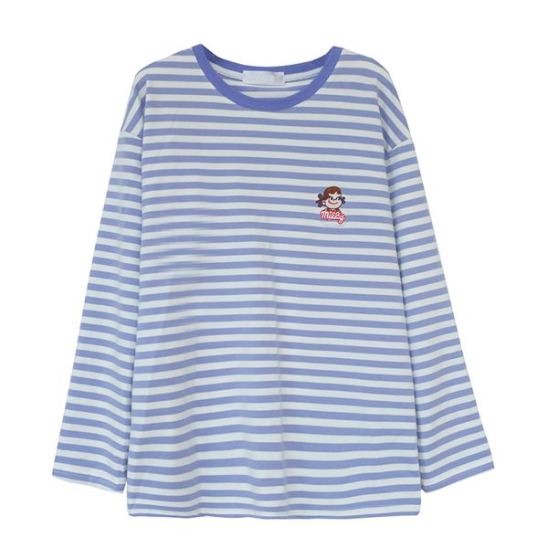 

sweater women's autumn thin section retro hong kong style student cute girl age reduction embroidery loose striped casual, Black