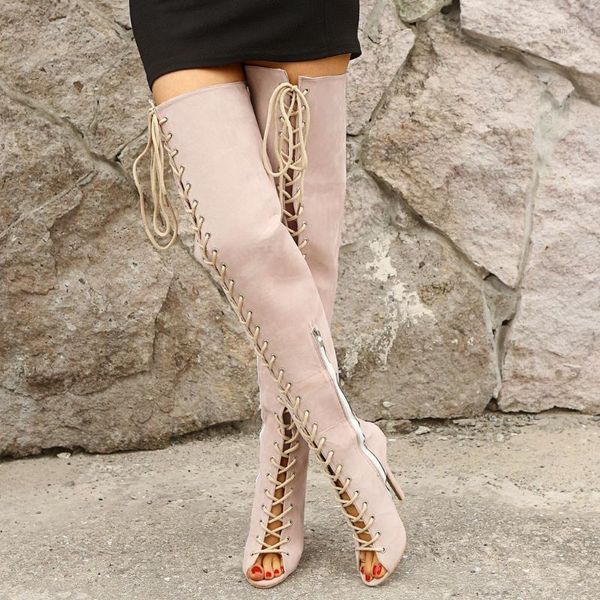 

fashion women flock zipper peep toe high boots lace-up over-the-knee cross strappy high heel vintage suede shoes botas mujer1, Black