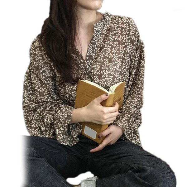 

women autumn long puff sleeve v neck floral print chiffon shirt loose blouse, White