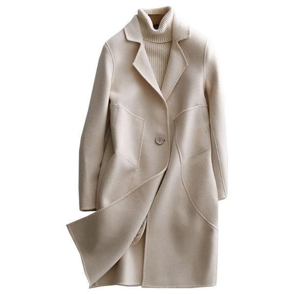 

women's wool & blends 2021 double-side coat women autumn winter female jacket medium long cashmere coats outerwear plaszcze damskie, Black