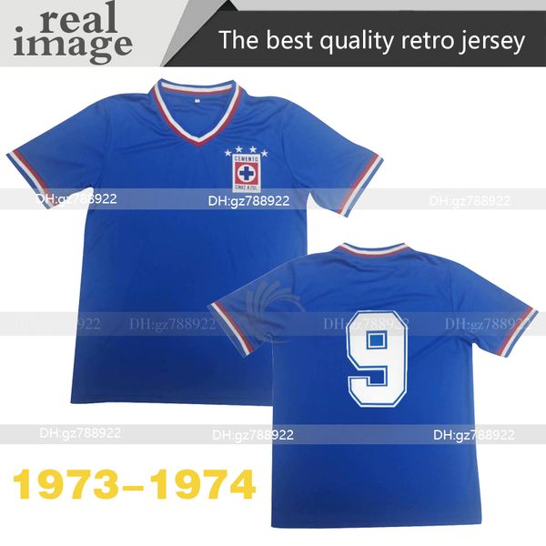 

cruz azul 1973-1974 retro soccer jerseys home blue classic 73/74 vintage football shirts quality, Black;yellow