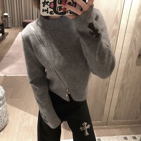 

women autumn and winter diagonal zipper sweater cross stitch leather embroidery top, White;black
