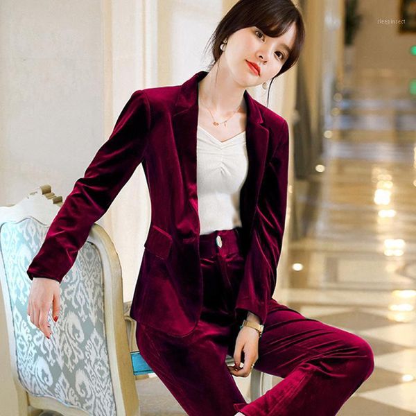 

2020 elegant velvet single-breasted women blazer suit winter long sleeve 2pcs women jacket & pant suit green blue red s-4xl1, White