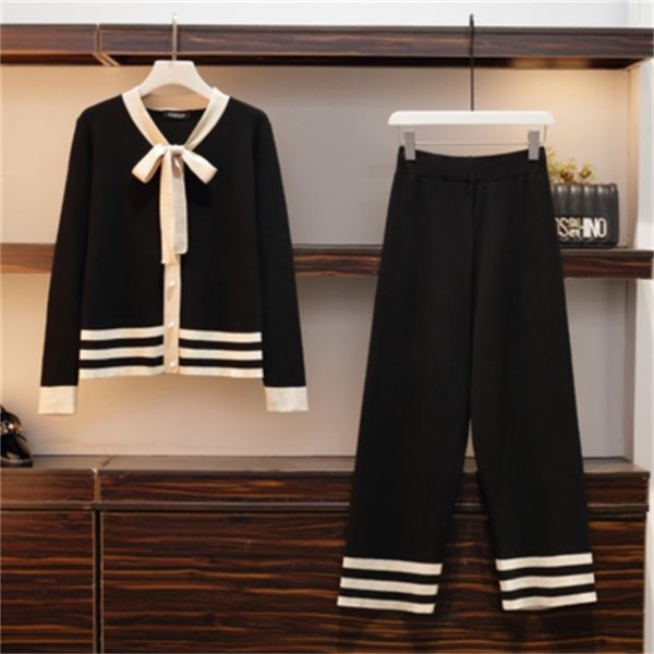 

peter pan collar knitted piece sets for korean women striped training pants wide leg femme joint 1okf, White