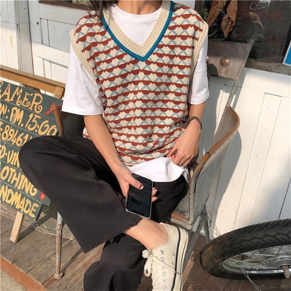 

casual loose fashion basic v-neck sleeveless regular striped vintage all match college wind hit female women sweaters 1023, Black;white