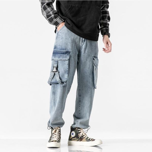 

новое поступление винтаж много карманов в стиле грузов джинсы мужчин осенью высокая улица мода повседневная джинсовая джинсы мужская улица, Blue