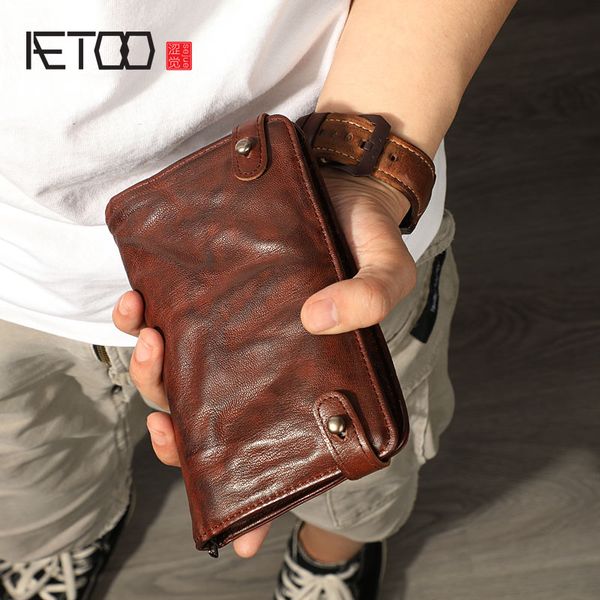 

aetoo vintage sheepskin purse, men's multi-card ticket clip, large-capacity leather cross-hand bag c1223, Red;black