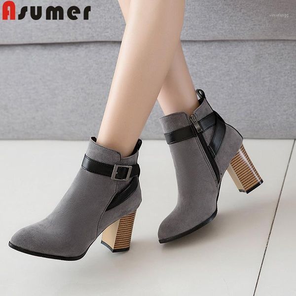 

asumer 2021 new ankle boots for women pointed toe zip ladies boots square high heels shoes buckle elegant autumn winter1, Black