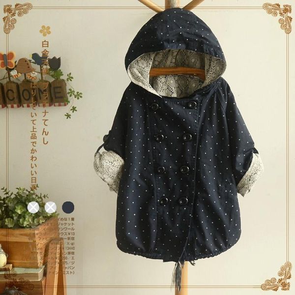 

wholesale- 2017 spring autumn new women jacket mori girl dot print half-sleeve lace patchwork double-breasted hooded casual outerwear coats1, Black;brown