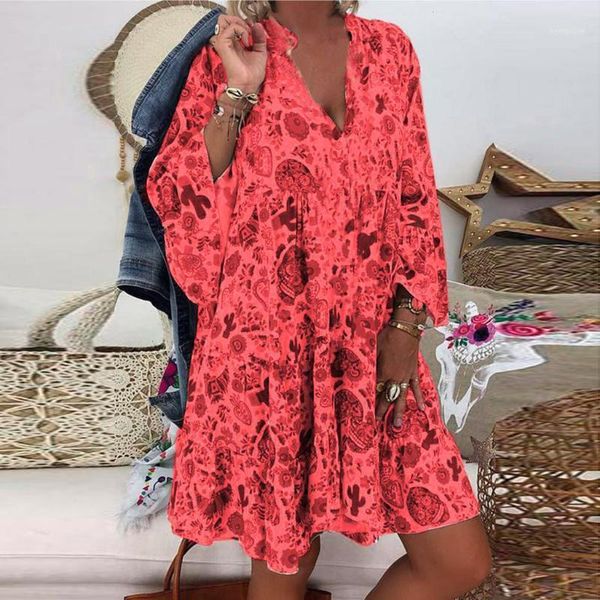 

plus size dress women 5xl loose floral print long sleeve v-collar button party mini dresses elegant vestidos de festa 20191, Black;gray