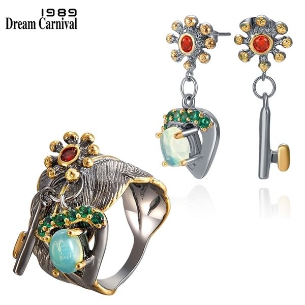 

dreamcarnival1989 new original feminine earrings-ring set for women hanging charm key to open her heart dangle jewelry er4029+31 201222, Slivery;crystal