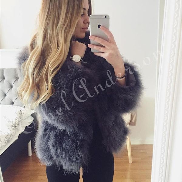 

new season's 100% fluffy feather fever fur jackets handmade knitted genuine ostrich fur coat women retail natural jacket1, Black