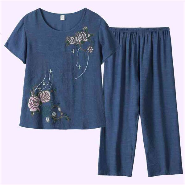 

Middle Aged And Elderly Mothers Large Silk Womens Clothes Loose And Breathable Bamboo Cotton Linen Home Parents Pants Set, White
