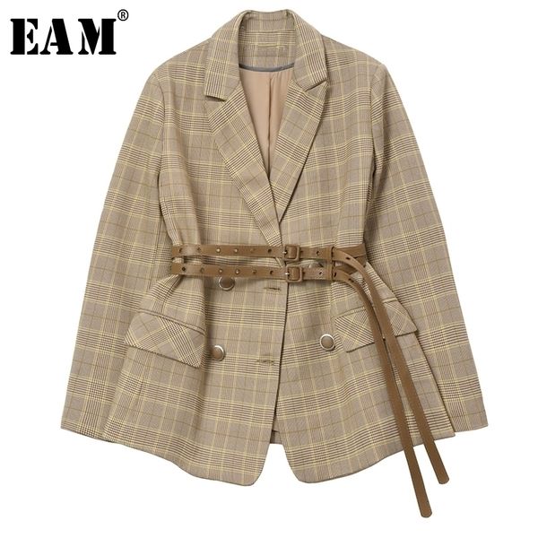 

[eam] women plaid belt split temperament blazer new lapel long sleeve loose fit jacket fashion tide spring autumn 1r132 201201, White;black