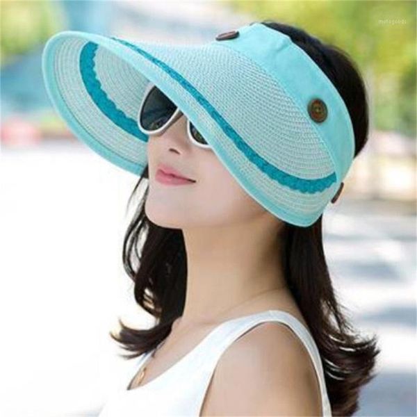 

anti-uv visor comfortable caps hats women large wide brim floppy summer beach sun hat cap button straw hat summer hats for women1, Blue;gray