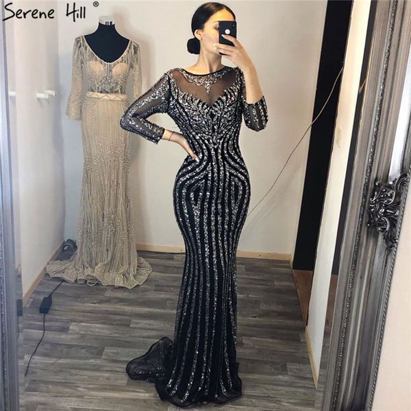 

grey luxury long sleeves sparkly evening dresses mermaid diamond beading formal dress 2020 real p lj201125, White;black