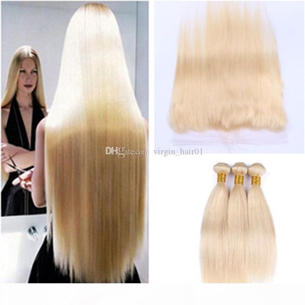 

#613 blonde lace frontal with bundles platinum blonde pure color silk straight hair weave with ear to ear lace frontal 13*4 lace frontal, Black;brown