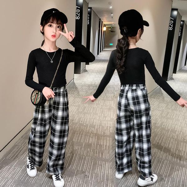 

fashion kids girls clothes suits autumn 2 pcs sets long sleeve pullovers +pants plaid wide-leg pants teens girl outfits 12t, White