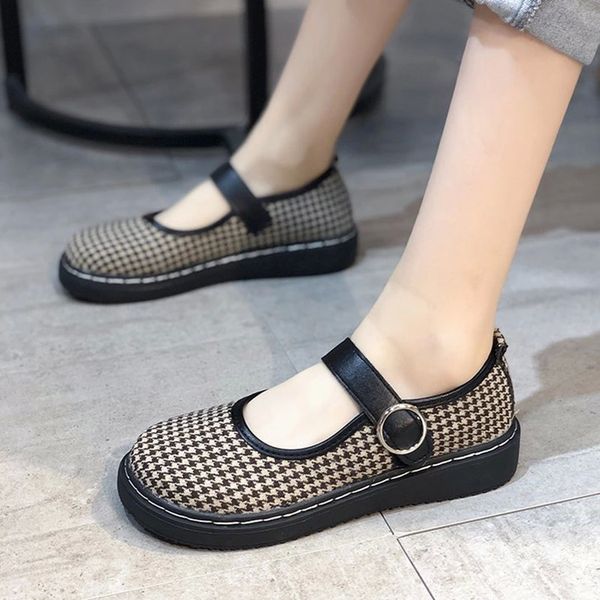 

2021 new women flats plaid jacquard fabric mary janes shoes platform laides casual shoes buckle strap girls lolita 8915n #r05u, Black