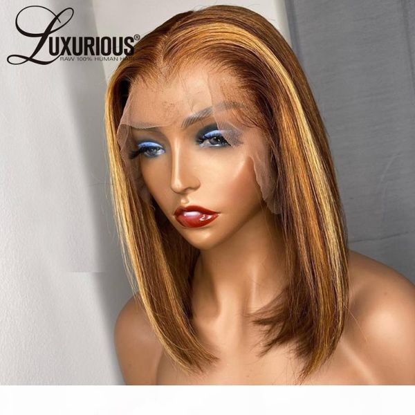 

highlight short bob lace front wigs ombre brown honey blonde lace front human hair wigs for women colored 360 frontal wig, Black;brown