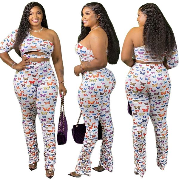 

butterfly printed fashion designer womens stacked pants suits hollow out single shoulder plus size women clothing, White