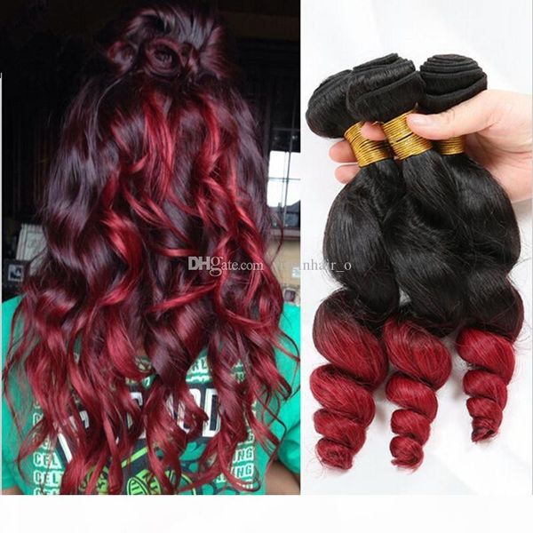 

red ombre human hair weave 8a malaysian hair 3 bundles two tone 1b 99j burgundy ombre loose wave hair weft extensions, Black