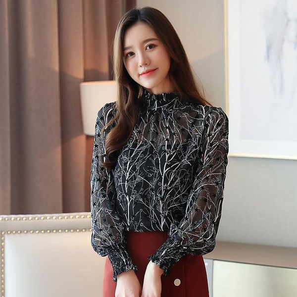 

women's blouses & shirts 2021 fashion women chiffon casual stand collar floral clothing long sleeve printed shirt, White
