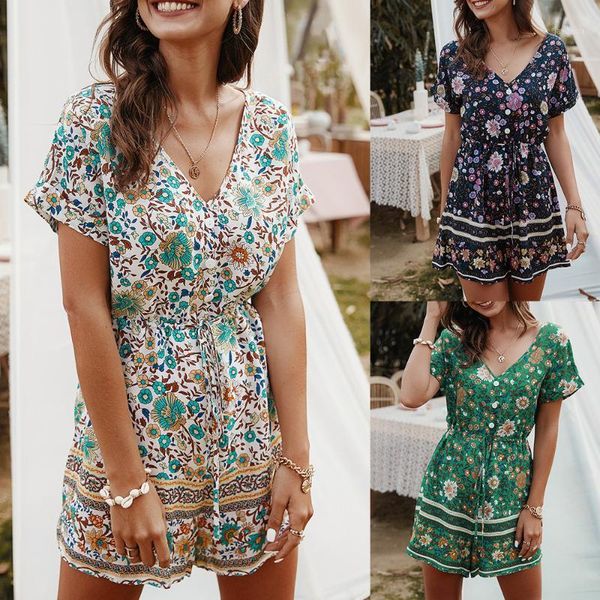 

women jumpsuit bohemian floral print rompers summer casual loose v neck button pocket short pants wide leg playsuits overalls1, Black;white